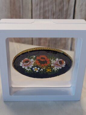 Large Vintage Micro Mosaic Glass Oval Brooch, Floral Bouquet, Italy